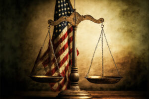 Race Conscious Affirmative Action - Time Is Up (IMAGE 3): An image of the Scales of Justice in front of an american flag.