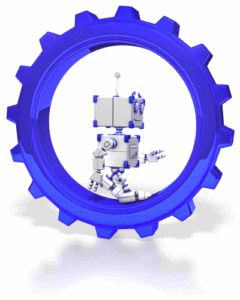 A robot running within a gear; meant to depict a robot running autonomously.